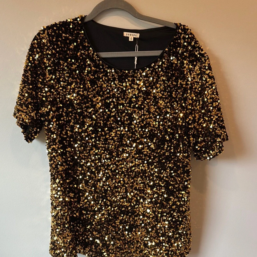 JODIFL Gold and Black Sequin Blouse Medium NWT - Picture 1 of 5